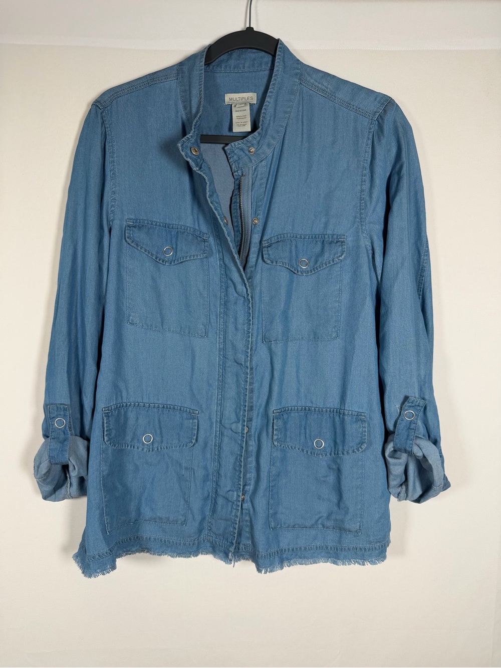 Multiples Light Blue Denim Lightweight Chore Jacket Fringe, Western, Cowgirl
